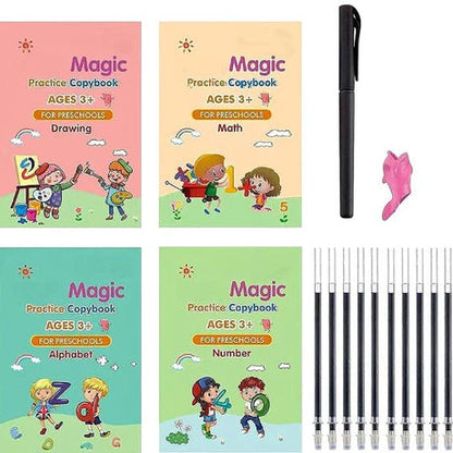Reusable Practice Book For Kids ( 4 Books + 1 Pen + 1 Grip & 10 Refills )