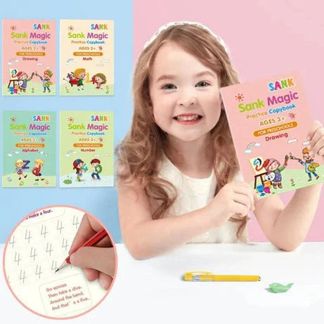 Reusable Practice Book For Kids ( 4 Books + 1 Pen + 1 Grip & 10 Refills )